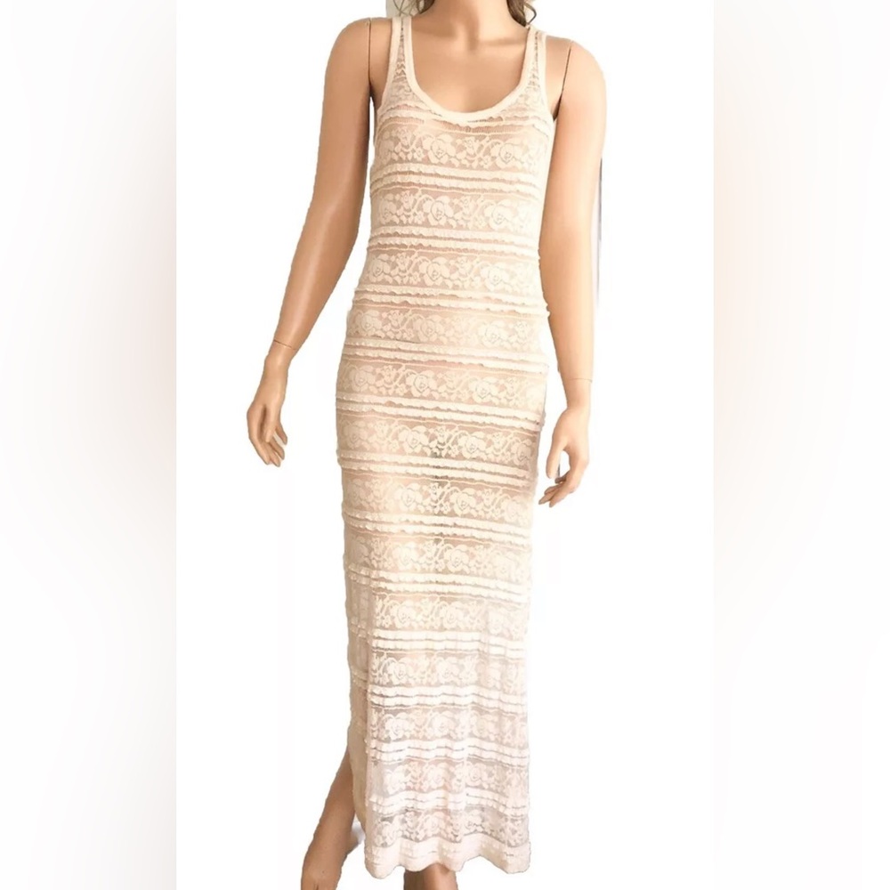 White Lace Dress S Designer Ivory Tank bodycon Long Maxi Sheer Festival Cover Up